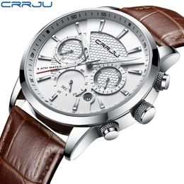 CRRJU New Fashion Men Watches Analog Quartz Wristwatches 30M Waterproof Chronograph Sport Date Leather Band Watches montre homme252n