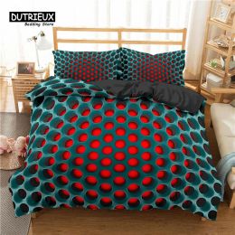 Set Soft Red Green Geometric Duvet Cover Set King For Kids Adult Microfiber Honeycomb Geometry Abstract Art Bedding Set Room Decor Sheer Curtains