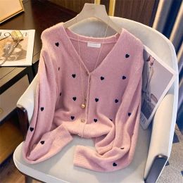 Cardigans 2023 Spring Kawaii Fashion Pink Cardigan Women Vintage Crop Knitted Sweater Cute Heart Korean JK School Coat Sweet Shrugs