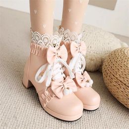 Boots PXELENA Princess Lolita Bride Wedding Ankle Women White Pink Lace Ruffles Butterfly-knot Party Dress Cosplay Shoes 34-43