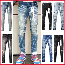 Lila Männer Designer High Street Blue Denim Slim Fit Farbe Graffiti Muster Herren Lila Jeans für Männer Schwarze Hosen