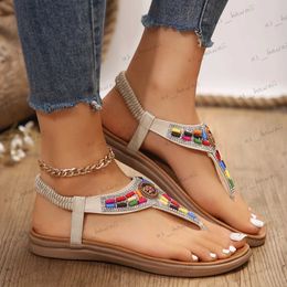 Sandals Crystal Bohemian Sandals Women Summer Flat Heels Non Slip Beach Shoes Woman Elastic Ankle Strap Clip Toe Roman Sandalias Mujer T240302