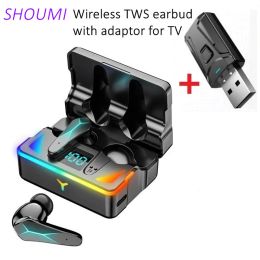 Headphones Game TWS Bluetooth Earbud with Mic USB adaptor Wireless Gaming Earphone Sport LED Display Noise Cancelling Headset for TV Mobile