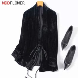 Shirt Women Silk Shirt 100% Mulberry Silk Velvet Solid Colour Black V Neck Long Sleeve Tie Cardigan Coat Top Blouse Office Lady M1044