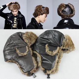 Berets Ushanka Winter Hat Outdoor Warm Russian Faux Leather Ear Flap Trapper Cap Fluffy Leifeng