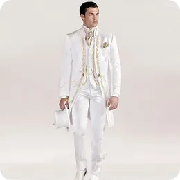 Men's Suits Italy Retro White Satin Suit Trailing Embroidered Slim Long Jacket Pants Vest Groom Tuxedo 3 Pieces Custom Made