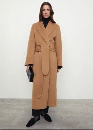 Jackets Totem* Wool Women Long Coat 21 Winter Season Oversize Vneck Lether Women Cardigen Belt Trench