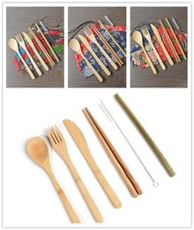 7PCSSET Bamboo Cutlery Set Portable Flatware Sets Knife Fork Spoon Straw Chopsticks Student Tableware Set Travel Dinnerware Set7544039