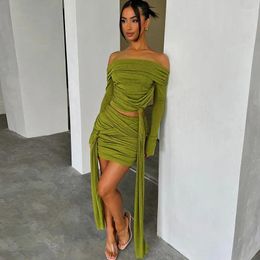 Work Dresses Women Layered Flare Sleeve Slash Collar Pleated One Piece Neck Long Top Spliced Ribbon Short Bodycon Skirt Set