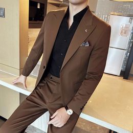 Men's Suits 2024 Autumn And Winter Korean Version Slim-fit (suit Trousers) Stylish Handsome Two-button Suit Set In Solid Color