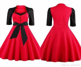 Newest Patchwork Women Work Dresses Red With Black Vintage Square Neckline Half Sleeve Swing Women Casual Dress Plus Size FS11108037503