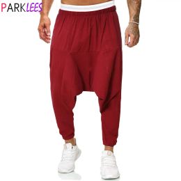 Pants Men's Red Baggy Genie Boho Yoga Harem Pants Cotton Low Drop Crotch Joggers Sweatpants Men Hip Hop Hippie Streetwear Trousers 5XL