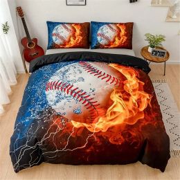 Set 3D Sports Baseball Duvet Cover Sports Games Theme Ball Bedding Set Golden Flame Polyester Comforter Cover Full Size Kids Boys Sheer Curtains