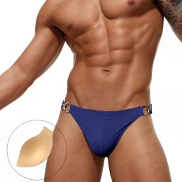 Swimwear High Cut Bikini Mens Swimwear Double Metal G String Swim Briefs Sexy Pad Push Up T Back Trunks Nylon Gay Bathing Suit