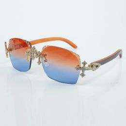 New cross fully inlaid diamond factory glasses 3524018 sunglasses natural orange wood legs and 58 mm cut lenses