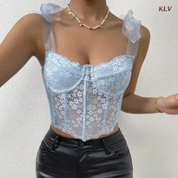 Camis Women's Sleeveless Bustier Sexy Hollow Mesh Camisoles Girls Lace Strap Crop Tops Blue Corset Tops for Party Vacation 6XDA