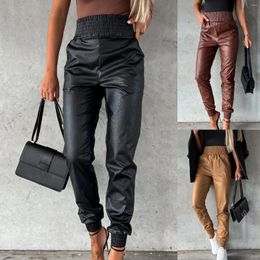 Women's Pants Elastic Waist Trousers Smocked Tapered Leg Pu Faux Leather Jogger With Pockets Vintage Y2k Streetwear