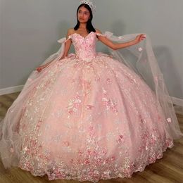 Abiti stile Quinceanera in pizzo con applicazioni di paillettes in cristallo rosa Abiti stile Quinceanera con spalle scoperte Nastri con fiocco Corsetto Abiti da 15 anos