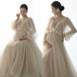 Dresses Women's Champagne Maternity Photo Shoot Vneck Long Sleeves Tulle Floral Pregnant Photography Props Long Mesh Maxi Dress