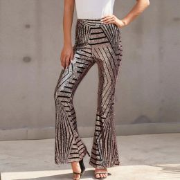 Capris Women Sequin Wide Legs High Waist Striped Shiny Fashion Flared Long Pants Casual Glitter Ladies Trousers Club Disco Party