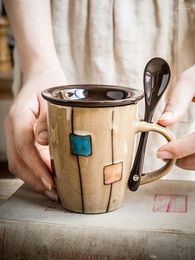 Mugs 350ml American Style Ceramic Cup With Spoon Household Vintage Coffee Mug Khaki Drum Lid And Without