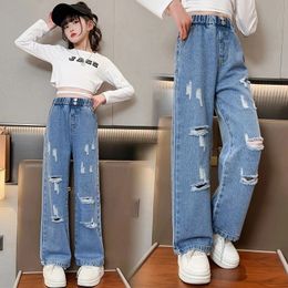 Teenage Girl Ripped Hole Wide Leg Jeans Fashion Loose Straight Trousers Denim Pants for Kids 6 8 10 12 14Years Old 240227