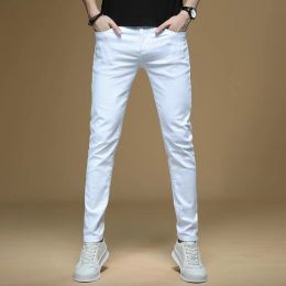 Pants Men's Korean Fashion Soild White Jeans Broken Hole Small Leg Slim Fit Denim Pants Brand Elastic Streetwear Straight Trousers