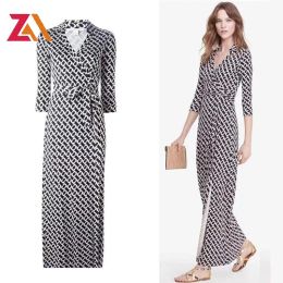 Dress Women's Elegant Runway Dress, Geometric Print, Black, White Sexy V Neck, Ladies Casual Streewear, Long Wrap Dress, Korean Robe