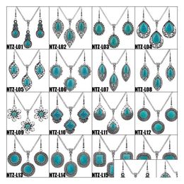 Pendant Necklaces Fashion Jewellery Sets Women Turquoise Earrings Necklace Sier Plate White Rhinestone Flower Elephant Owl Heart Cross B Dhjbp