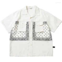 Men's Casual Shirts Japanese Cashew Flower Print Short Sleeve Youth Loose Cityboy Summer White Navy Shirt Turn-down Collar