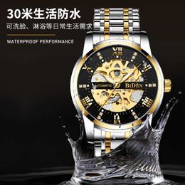 Biden mens watch automatic hollow out mechanical watch steel belt waterproof fashion luminous needle mens Watch