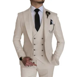 Suits Lansboter Beige Men Suits 3 Pieces Slim Formal Peak Lapel Fit Wedding Business Evening Suit Jacket Vest With Pants