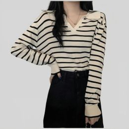 Shirts Y2K Striped Knit Polo Shirt Women VNeck Long Sleeve Loose Fit Slimming Top