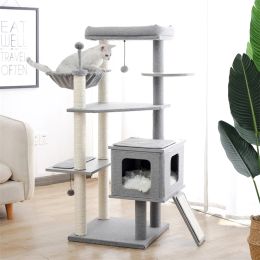 Scratchers Height 130CM Modern Cat Tree Tower Condo Indoor Sisal Scratching Post for Kitten Wooden Climb Large Plush Perch Hanging Balls