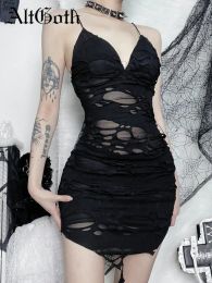 Dress AltGoth Punk Sexy Bodycon Dress Women Mall Gothic Streetwear Tattered Strapless Mini Dress Harajuku Y2k Emo Alt Clubwear Female