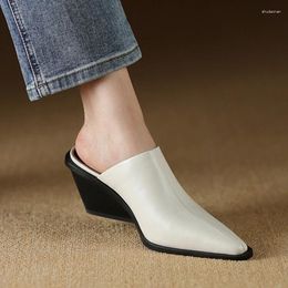 Dress Shoes Summer Women Genuine Leather For Pointed Toe Chunky Heel Sandals Cover Wedge Black Mules