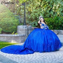 Royal Blue Crystal Beading Bow Ball Gown Quinceanera Dresses Spaghetti Strap Appliques Lace Corset Vestidos De 15 Anos