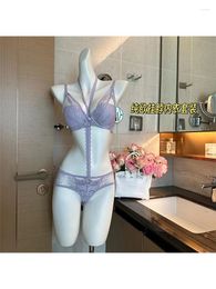 Bras Sets Women Purple 2-piece Mesh Bra Set Perspective Underwire & Garter Panty Underwear Ladies Sexy Lace Lingerie
