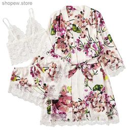 Women's Sleepwear Womens Sexy Fashion Plus Size White Flower Print Three Piece Lace Strap Plus Shorts And Gown Pyjama Set