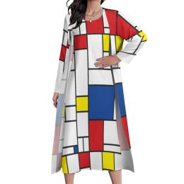 Dress Mondrian Geometry Dress Long Sleeve Modern Art Streetwear Casual Long Dresses Women Vintage Maxi Dress Gift