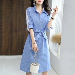 Dresses Striped Patchwork Women Dress Turn Collar Half Sleeve Fashion Brief Office Lady Slim Female Singlebreasted Kneelength Vestido