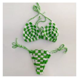 Swimwear Women Sexy Laceup Swimwear Handmade Crochet Checker Bathingsuit Adjustable Cup Bikini Sets Green with White Color