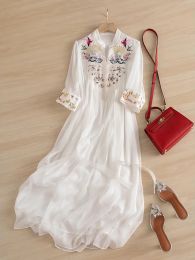 Dresses Chinese Style Embroidery Chiffon Dress National Art Chic Women 2023 Summer White Loose Casual Ethereal Pleated Long Dresses