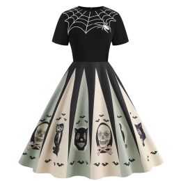 Dress Women Black Goth Halloween Costumes,Retro Party Dresses,Carnival,Christmas Robe,Short Sleeve,Pumpkin Skull Print,Cosplay Clothes