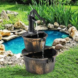 Garden Decorations Water Fountain Outdoor Waterfall Barrel 2-Tier And Pump W/Realistic Faux Wood Barrels & Head