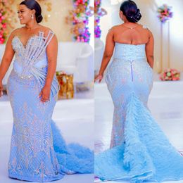 2024 Aso Ebi Light Sky Blue Mermaid Prom Dress Beaded Crystals Evening Formal Party Second Reception 50th Birthday Engagement Gowns Dresses Robe De Soiree ZJ88