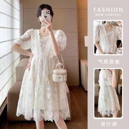 Dresses 2022 Autumn Maternity Lace Dress Plus Size Pregnant Women Dress Sweet Three Quarter Sleeve VNeck Loose Pregnancy Empire Dress