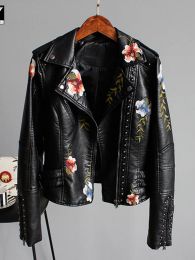 Jackets Floral Print Embroidered Faux Soft Leather Jacket Women's Pu Motorcycle Jacket Women's Black Punk Studded Jacket For Women