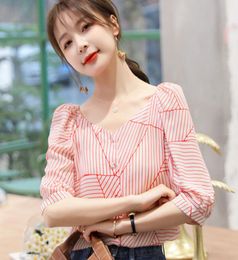 Korean Chiffon Blouses Women Summer Woman Striped Blouse Tops Women Puffed Sleeve Blouse Top Plus Size Blusas Femininas Elegante2148648