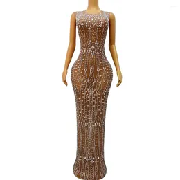 Stage Wear Sexy Silver Rhinestones Crystals Dress Stretch Skinny Beads Dance Costume Prom Party Nightclub Singer Performance
